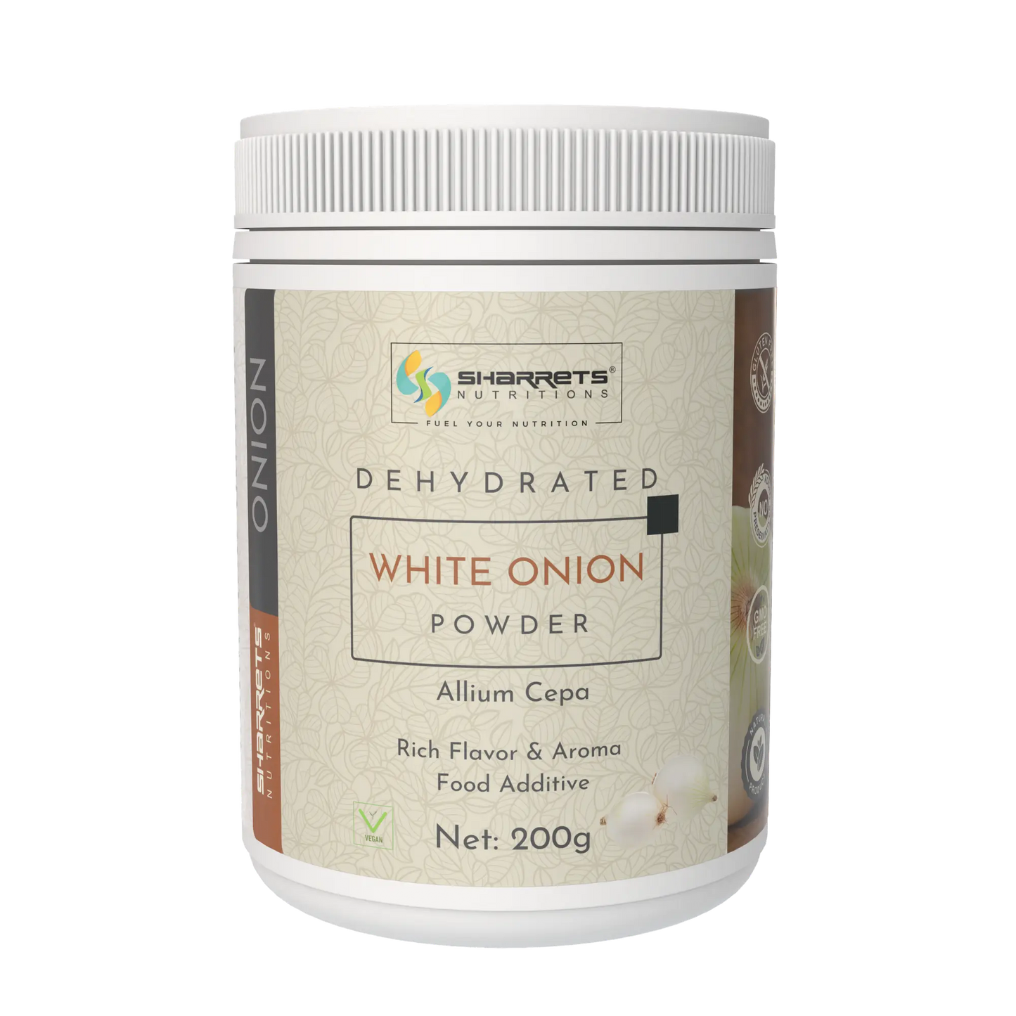 Dehydrated white onion powder container with Sharrets Nutritions branding on a white background
