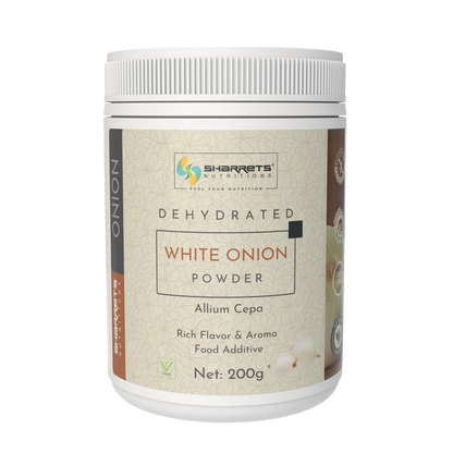 Dehydrated white onion powder container with Sharrets Nutritions branding on a white background
