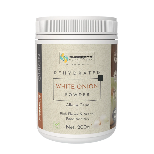 Dehydrated white onion powder container with Sharrets Nutritions branding on a white background
