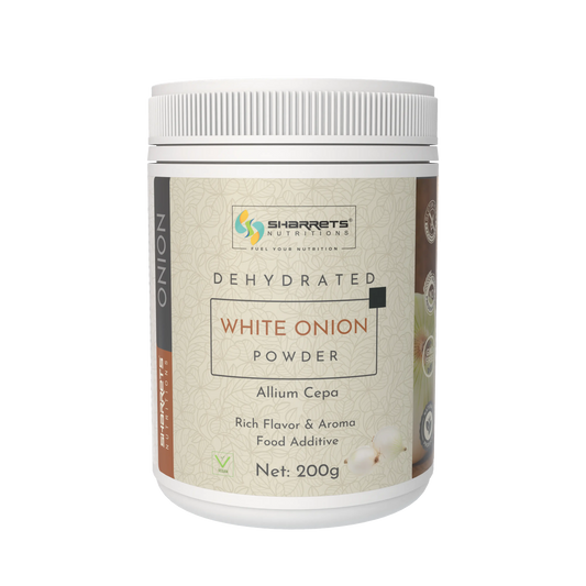 Dehydrated white onion powder container with Sharrets Nutritions branding on a white background
