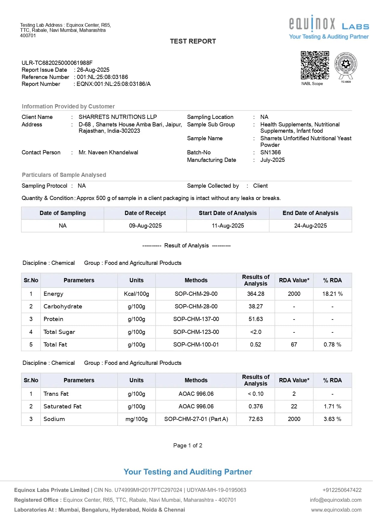 Certificate of analysis for Sharrets nutritional yeast powder showing laboratory test results and nutritional profile