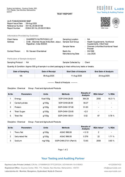 Certificate of analysis for Sharrets nutritional yeast powder showing laboratory test results and nutritional profile