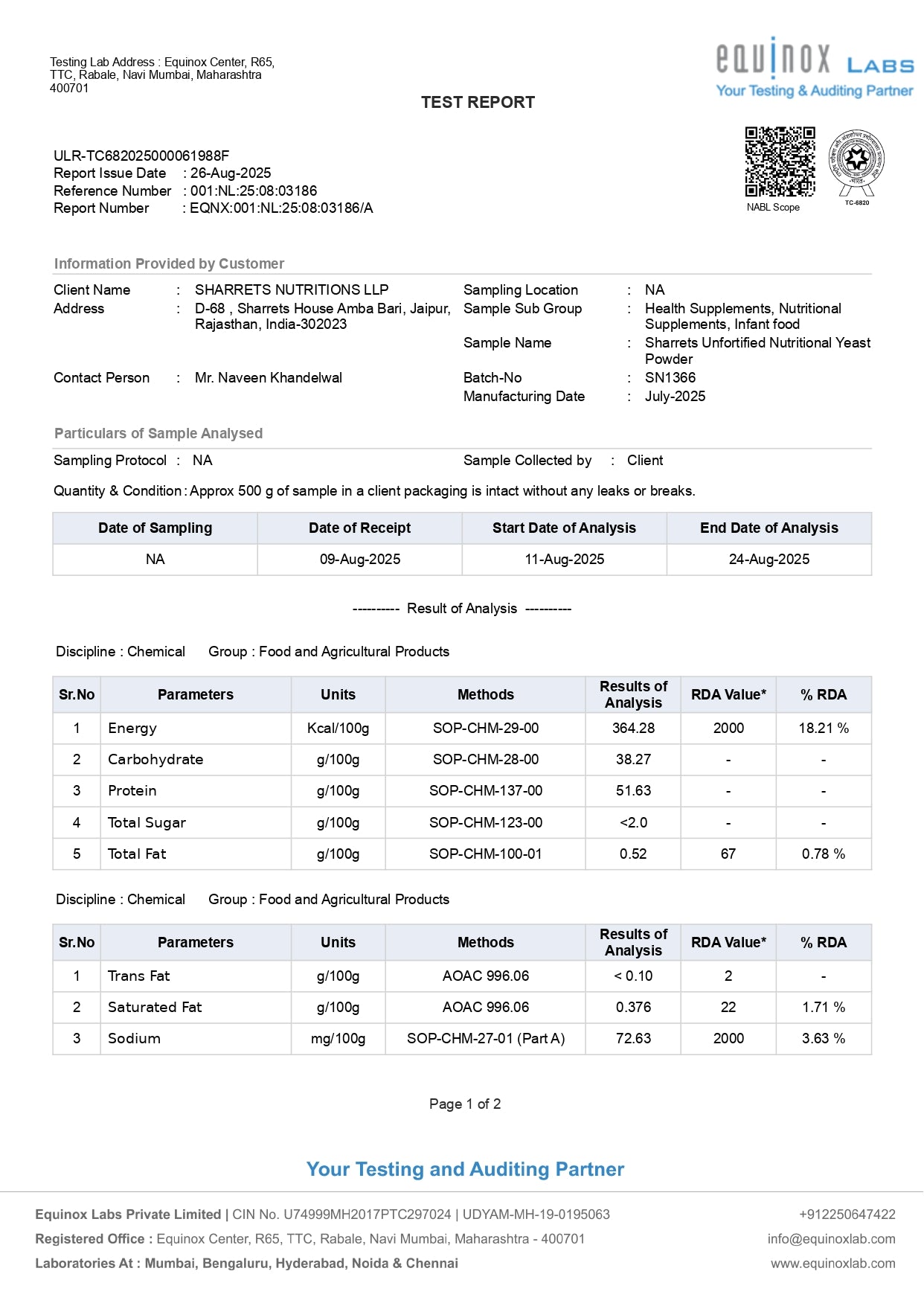 Test report of sharrets unfortified nutritional yeast powder