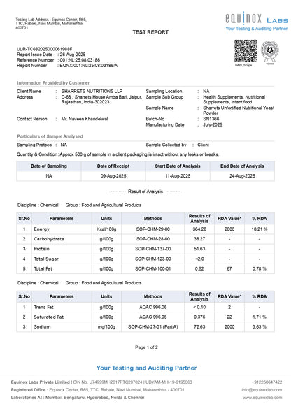 Test report of sharrets unfortified nutritional yeast powder