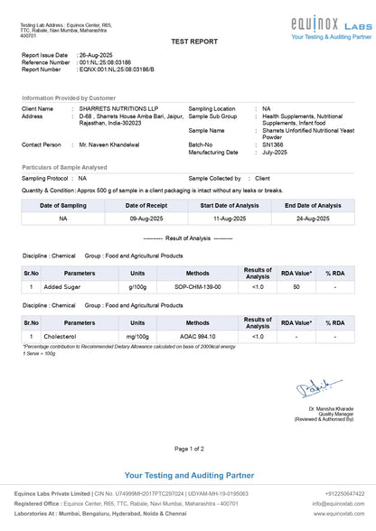 Certificate of analysis for Sharrets nutritional yeast powder showing laboratory test results and nutritional profile