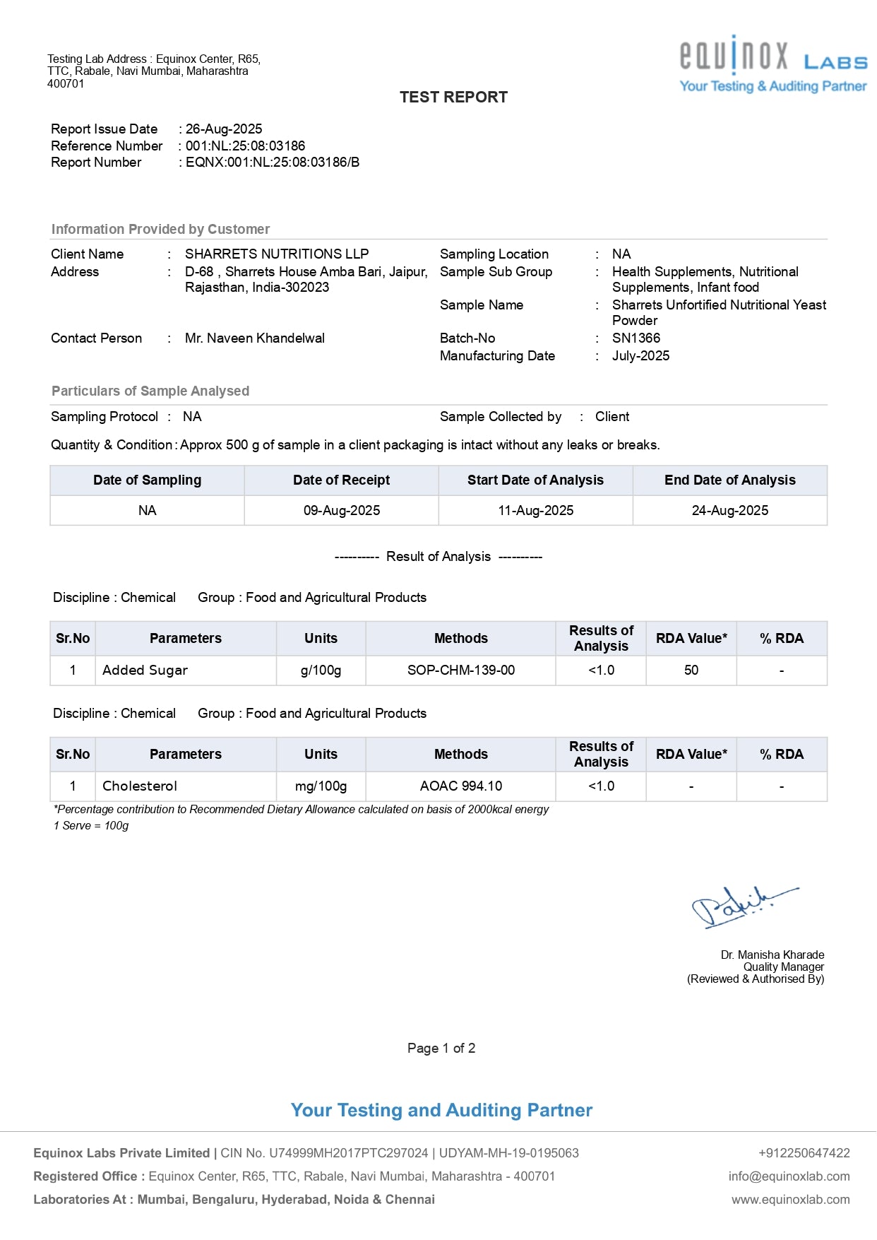 Test report of sharrets unfortified nutritional yeast powder