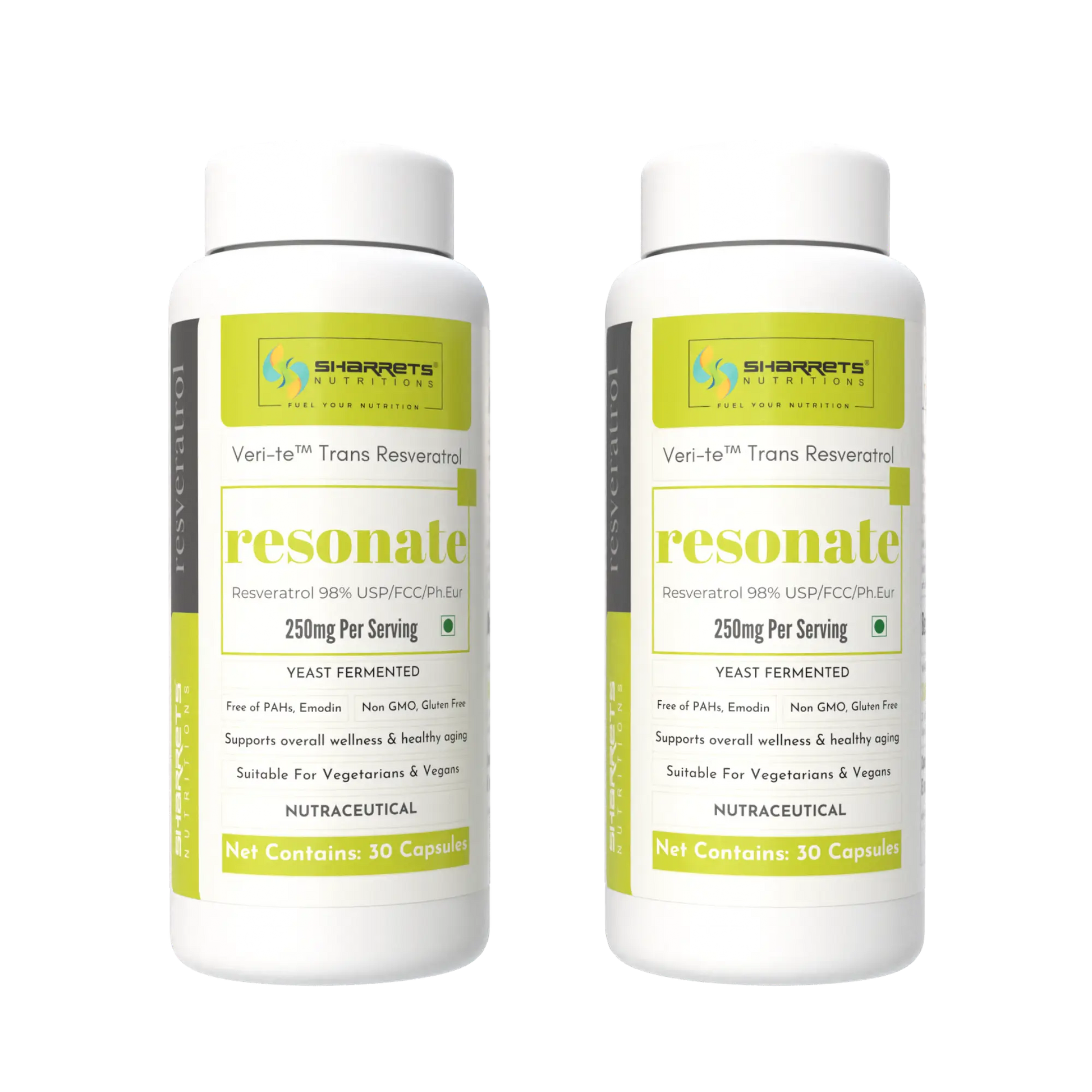 Two bottles of Sharrets Nutritions Yeast Fermented trans Resveratrol 250mg Capsules - 30 x 2 Capsules 