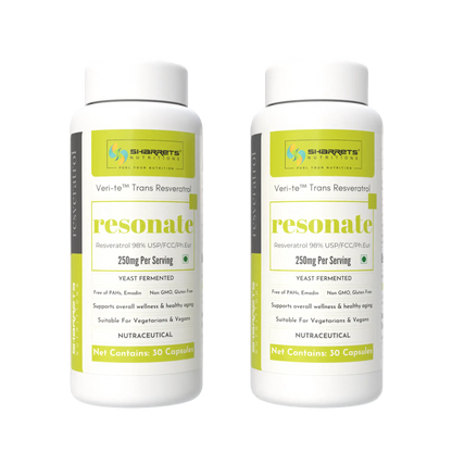 Two bottles of Sharrets Nutritions Yeast Fermented trans Resveratrol 250mg Capsules - 30 x 2 Capsules 