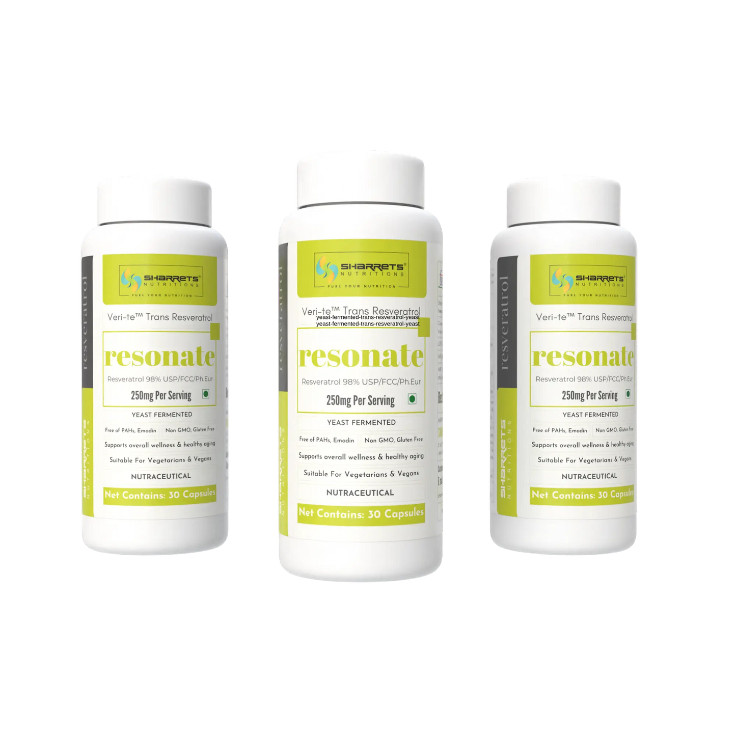 Three bottles of Sharrets Nutritions Yeast Fermented trans Resveratrol 250mg Capsules - 30 x 3 Capsules 