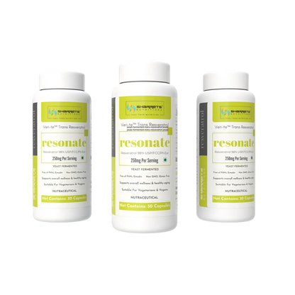 Three bottles of Sharrets Nutritions Yeast Fermented trans Resveratrol 250mg Capsules - 30 x 3 Capsules 