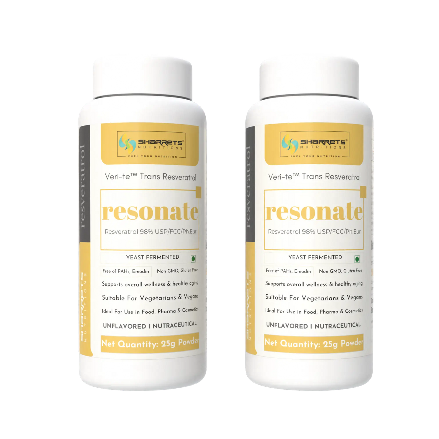 Two bottles of Sharrets Nutritions Yeast Fermented trans Resveratrol 25g Powder - 25g x 2 
