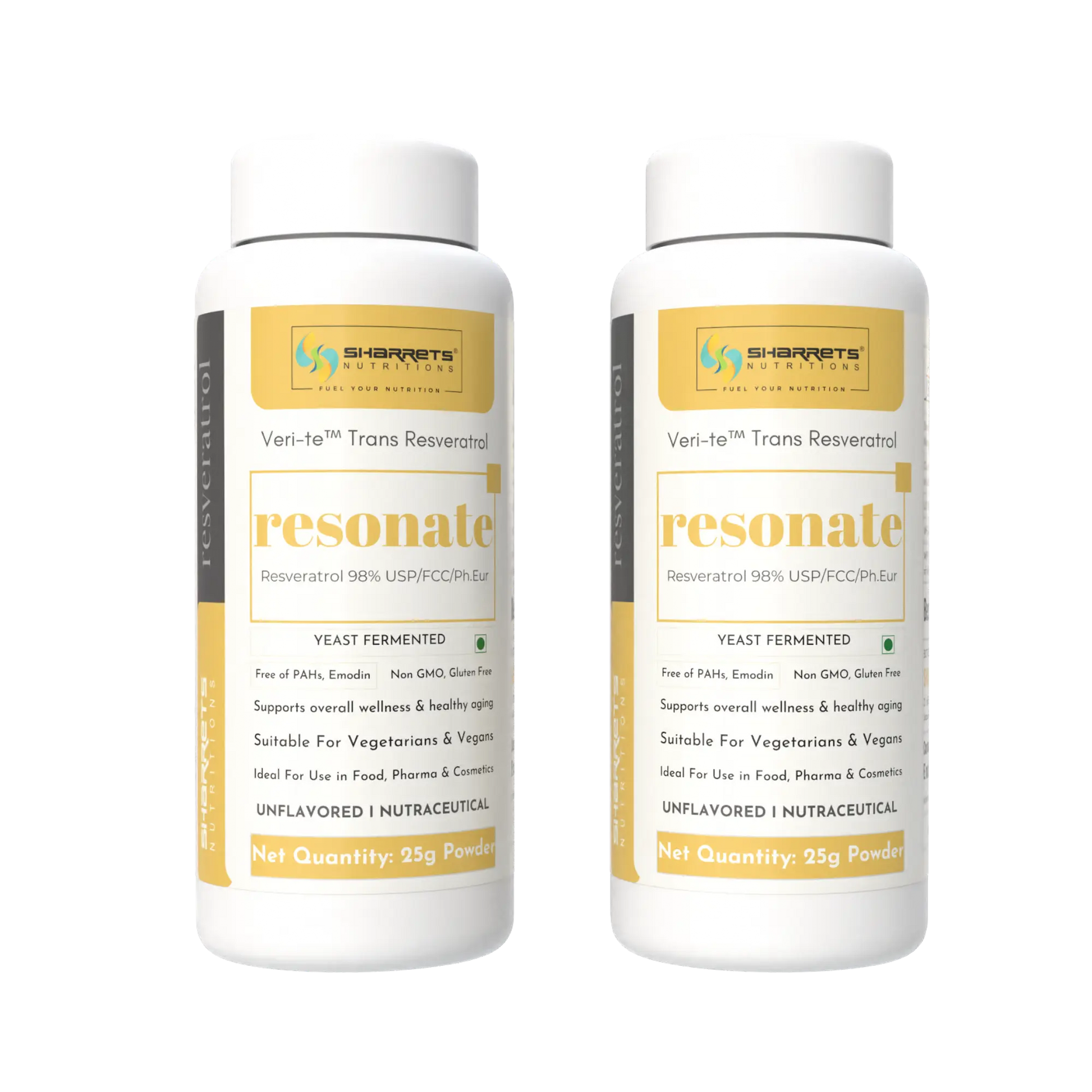 Two bottles of Sharrets Nutritions Yeast Fermented trans Resveratrol 25g Powder - 25g x 2 