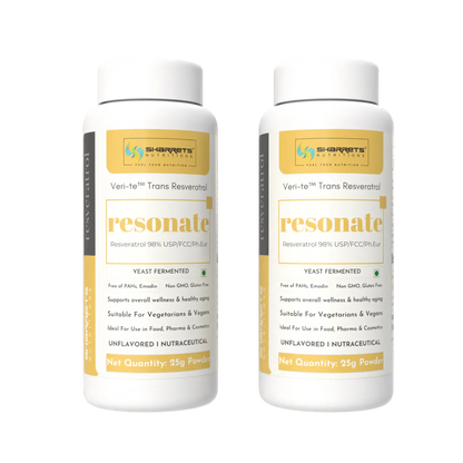 Two bottles of Sharrets Nutritions Yeast Fermented trans Resveratrol 25g Powder - 25g x 2 