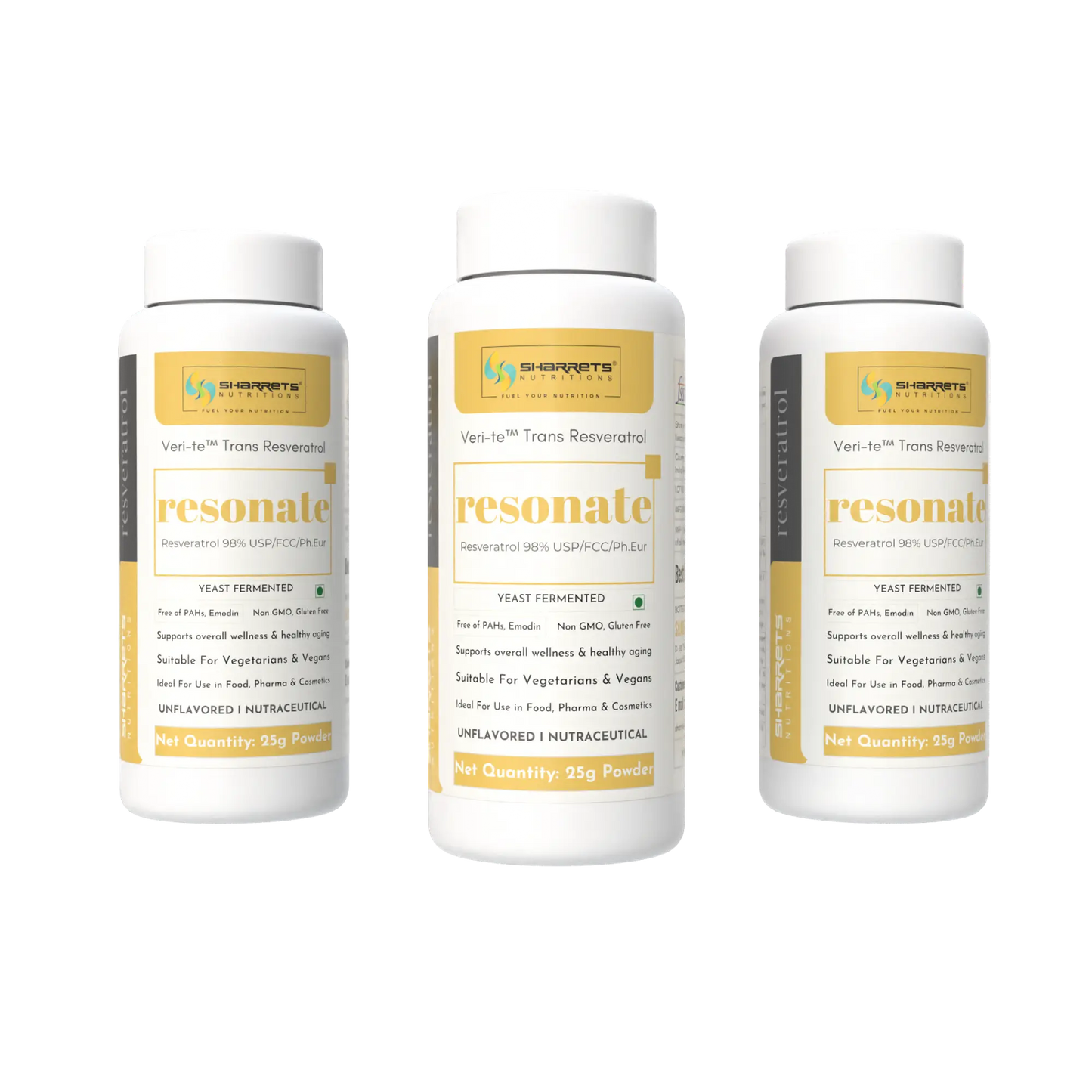 Three bottles of Sharrets Nutritions Yeast Fermented trans Resveratrol Powder - 25g x 3