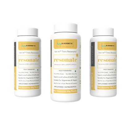 Three bottles of Sharrets Nutritions Yeast Fermented trans Resveratrol Powder - 25g x 3