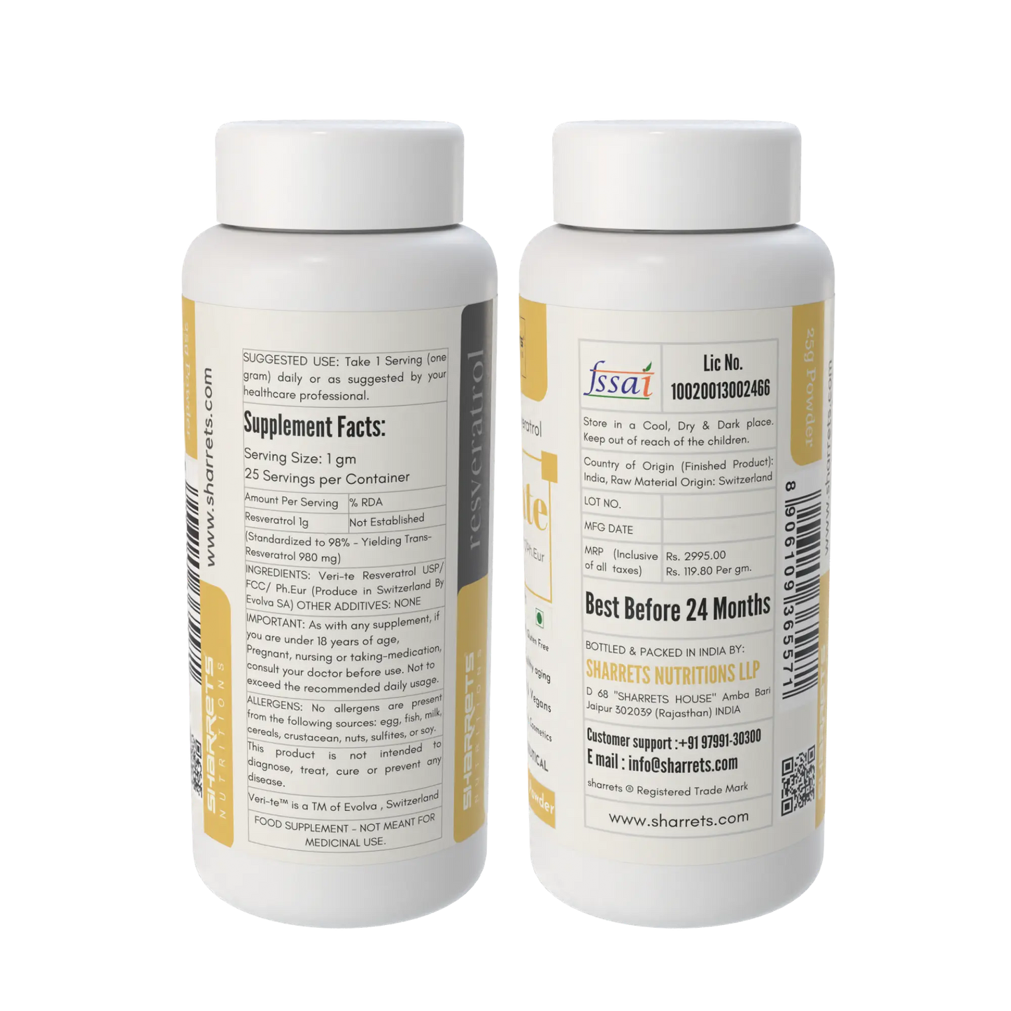 side labels of yeast fermented trans resveratrol 25g powder by Sharrets Nutritions