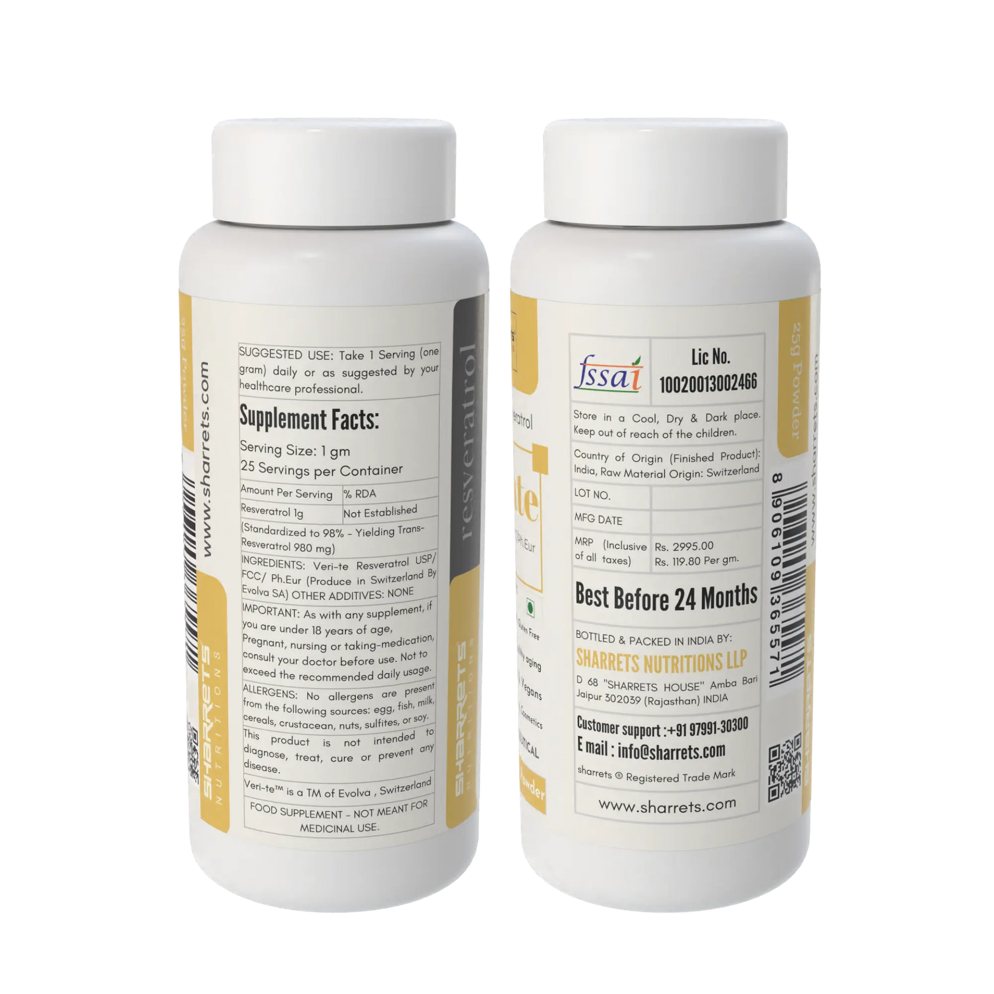 side labels of yeast fermented trans resveratrol 25g powder by Sharrets Nutritions