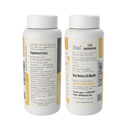 side labels of yeast fermented trans resveratrol 25g powder by Sharrets Nutritions