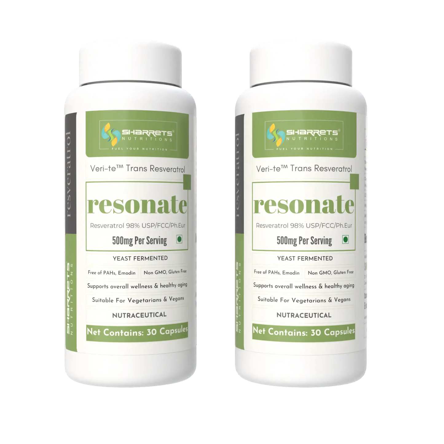 Two bottles of Sharrets Nutritions Yeast Fermented trans Resveratrol 500mg per serving - 2 x 30 Capsules 