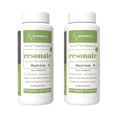 Two bottles of Sharrets Nutritions Yeast Fermented trans Resveratrol 500mg per serving - 2 x 30 Capsules 