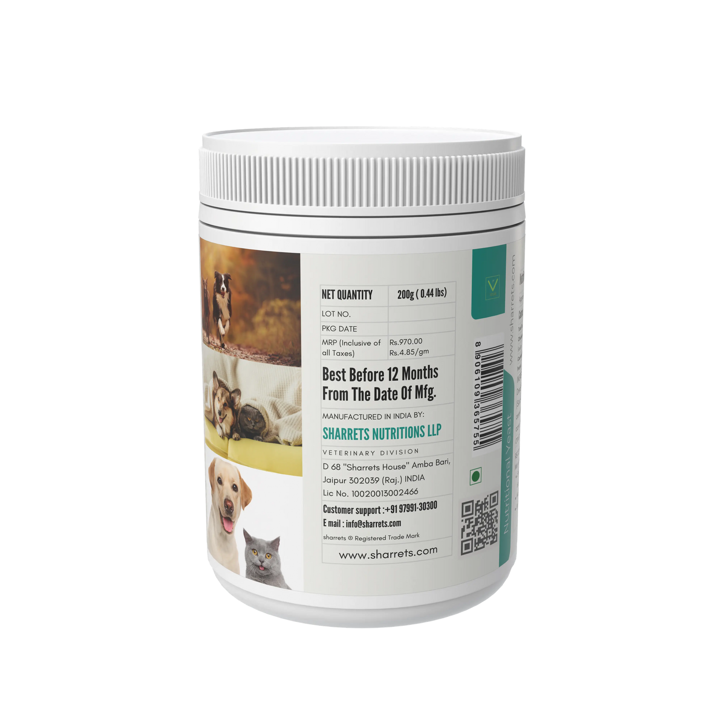 Pet supplement container with Sharrets label on a white background