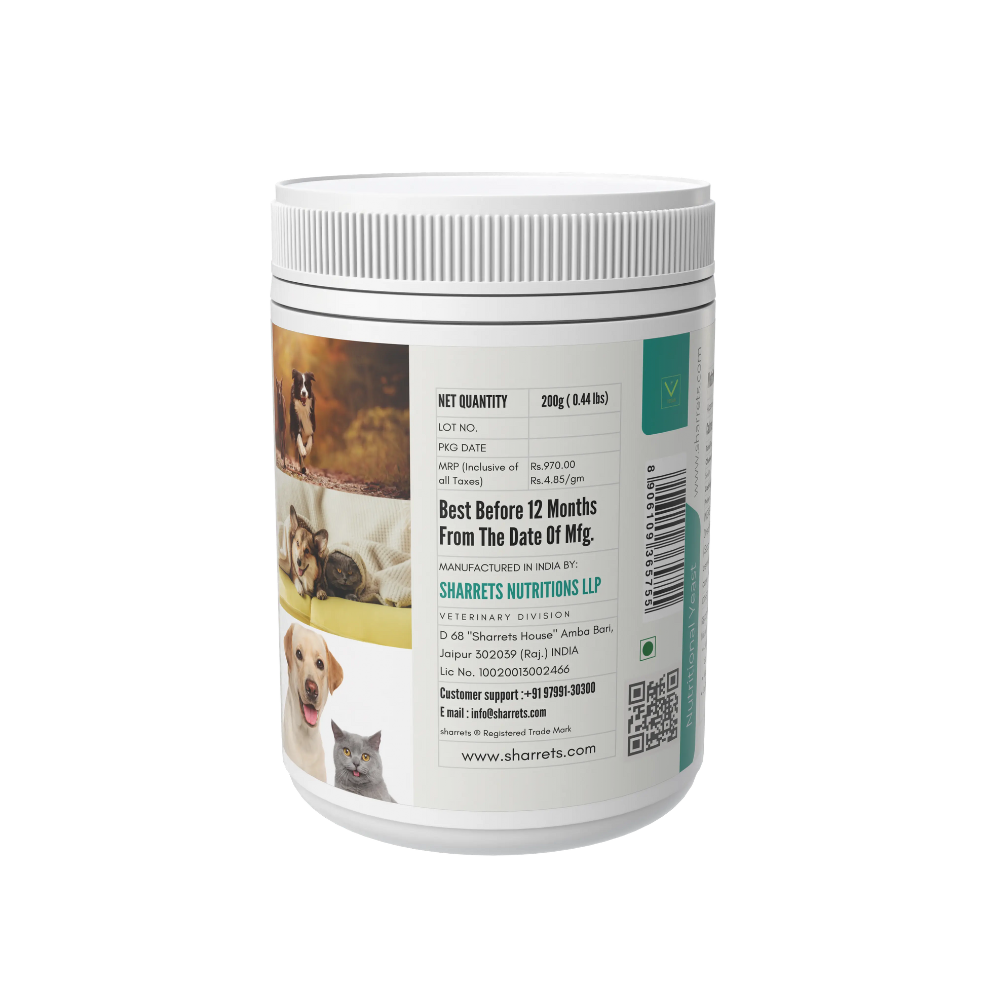 Pet supplement container with Sharrets label on a white background
