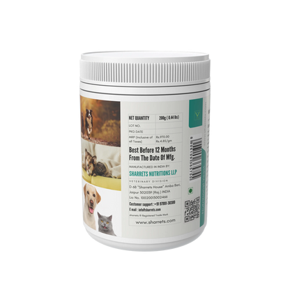 Pet supplement container with Sharrets label on a white background